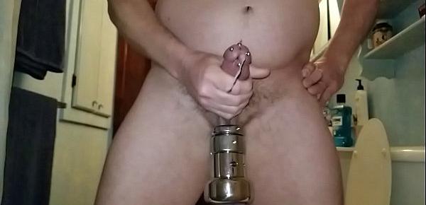  Jerking my pierced cock with ball stretchers 5.5 pounds